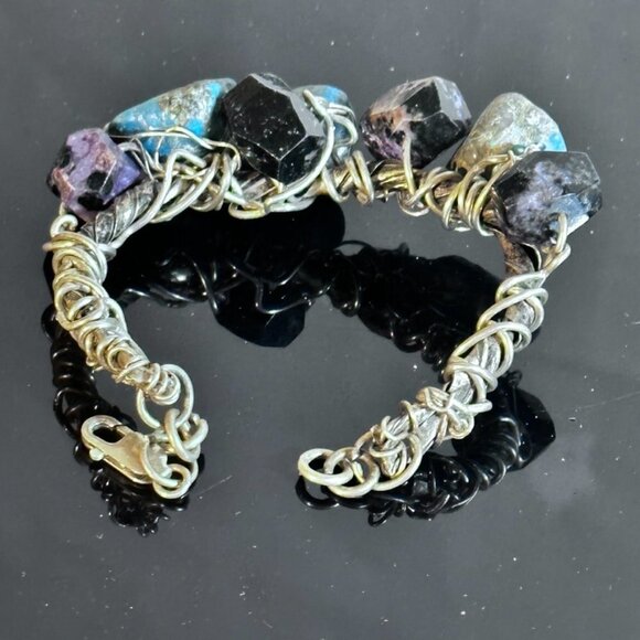 Genuine Turquoise 925 Sterling Silver Charoite Wire Wrap Cuff Bracelet Brutalist - Picture 5 of 11
